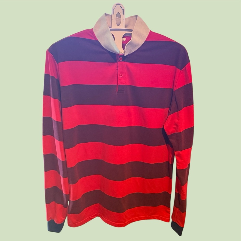 Fashion Nova Men Red Black Stripe Long Sleeve Polo Shirt XL